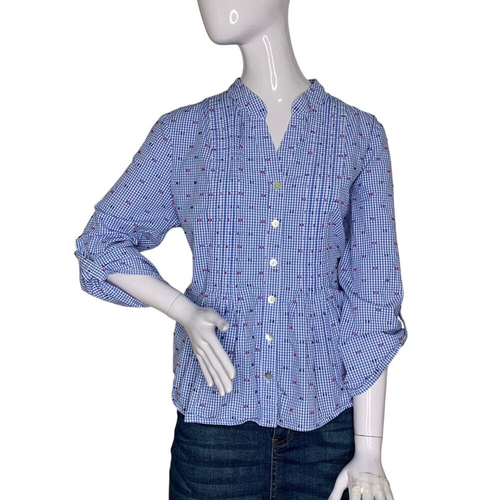 Ruby Rd. Button Down Shirt Petite Large Blue White Checkered Roll Tab Sleeves